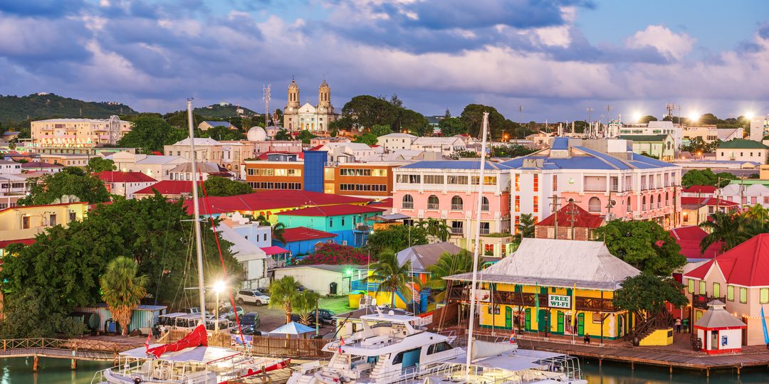 Aerial view of St. John's, Antigua, overlooking Redcliffe Quay at dusk