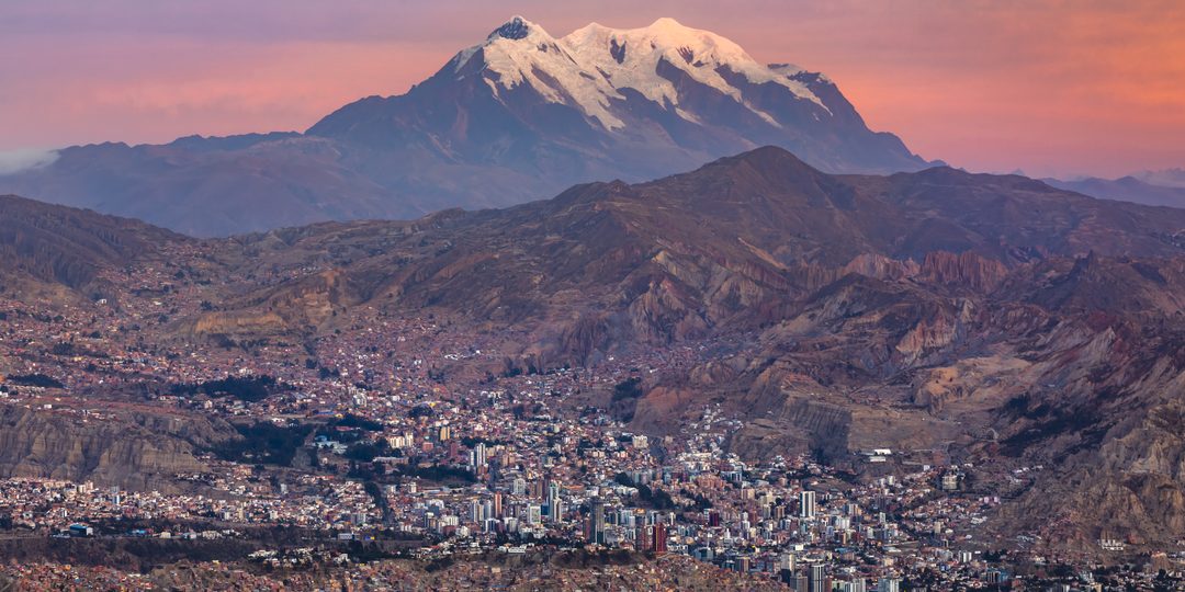 Panoramic view of La Paz, Bolivia, with Mount Illimani in the background