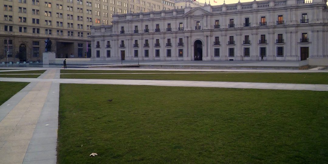 La Moneda Palace, Chile's presidential palace, seen across its front plaza in Santiago.
