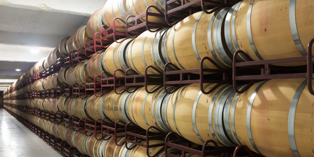 Wooden barrels aging in a wine cellar