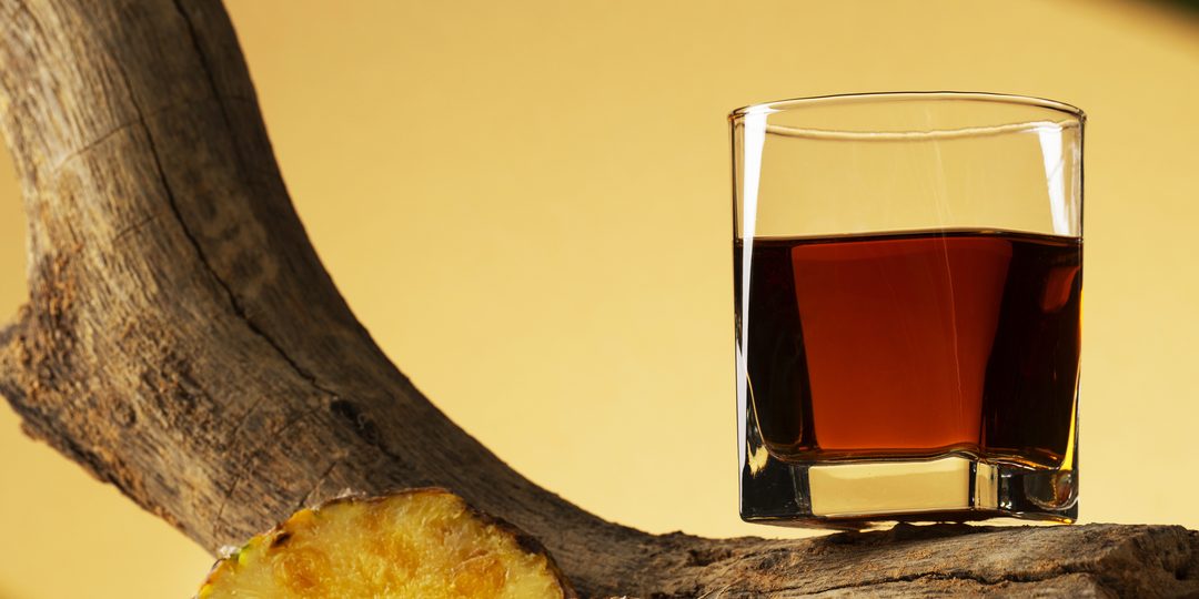Glass of dark rum beside a slice of dried pineapple on a driftwood branch