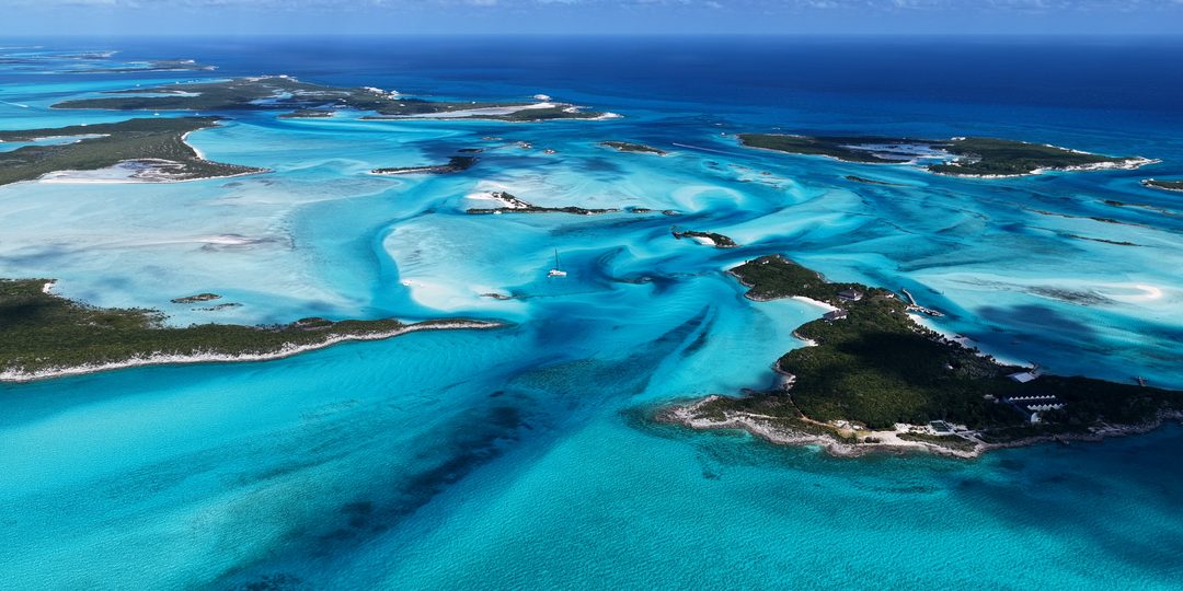 Aerial skyline of Black Point, Exuma, Bahamas
