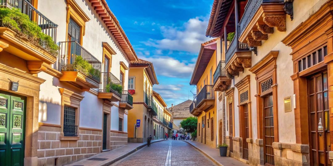 Cobblestone street lined with colorful colonial buildings and wrought iron balconies