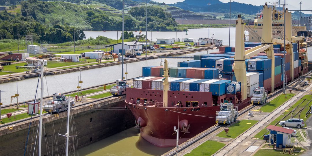 Ships passing through the Miraflores Locks of the Panama Canal