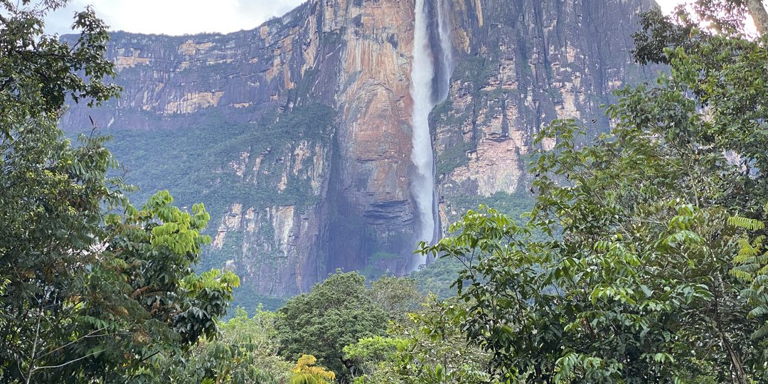 Angel Falls cascading down a tepui cliff in the rainforest